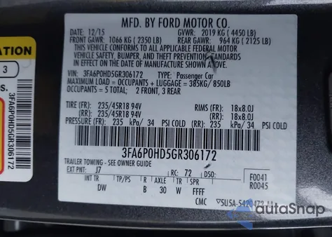 2016 Ford Fusion Se из США, поврежденный, VIN 3FA6P0HD5GR306172